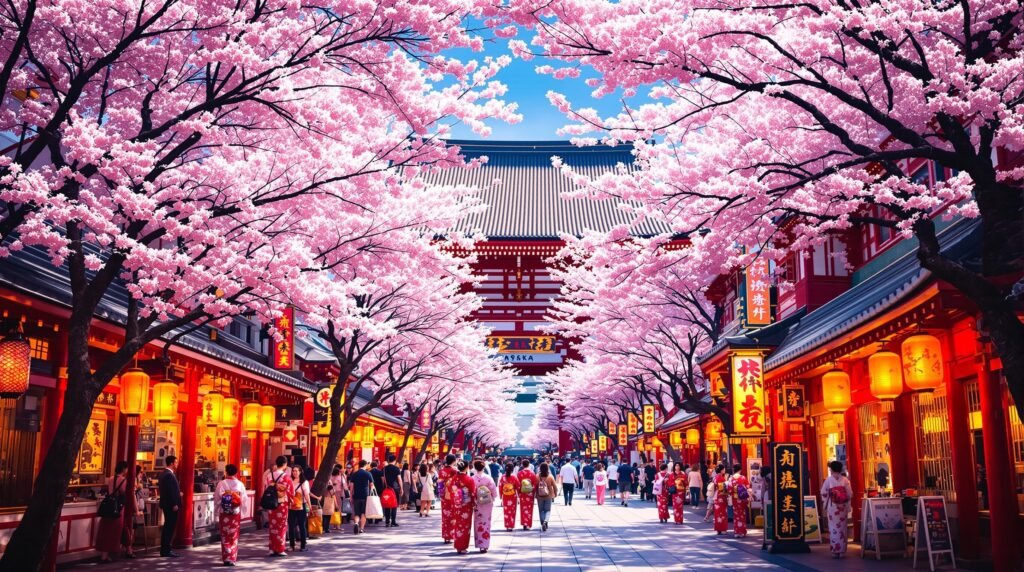 A vibrant street scene of Asakusa in Tokyo showing Senso-ji Temple, traditional lanterns, and people wearing kimonos under cherry blossom trees — bright, cultural atmosphere