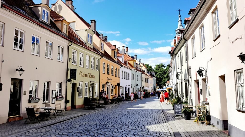 Cobblestone street in Tallinn Old Town with pastel-colored houses and cafés