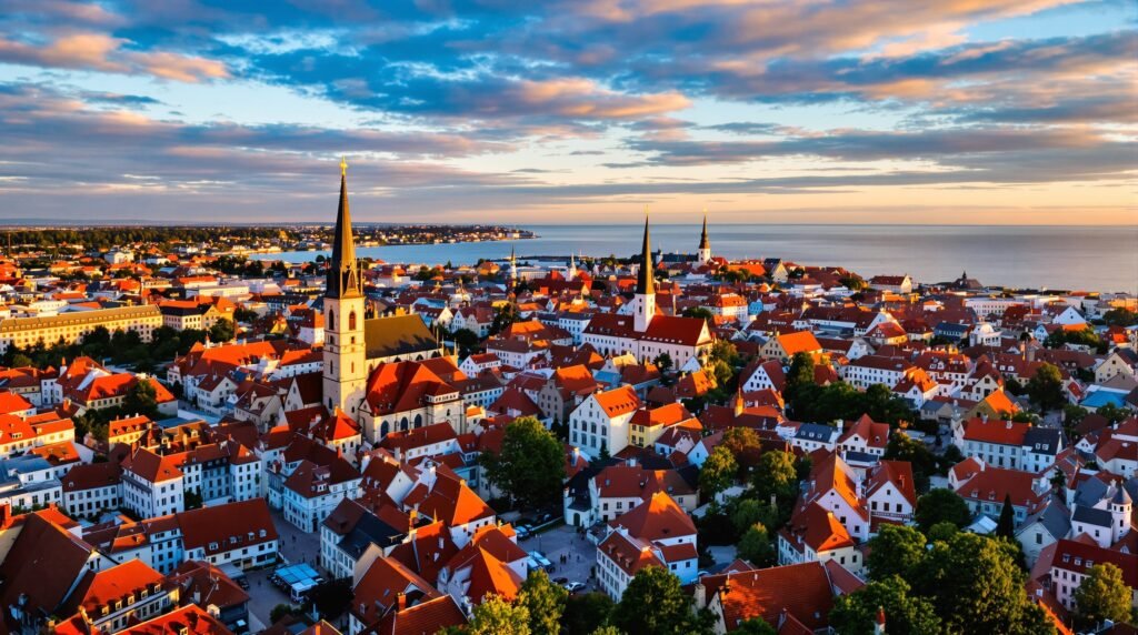 Aerial view of Tallinn Old Town at sunrise with medieval towers and red rooftops.